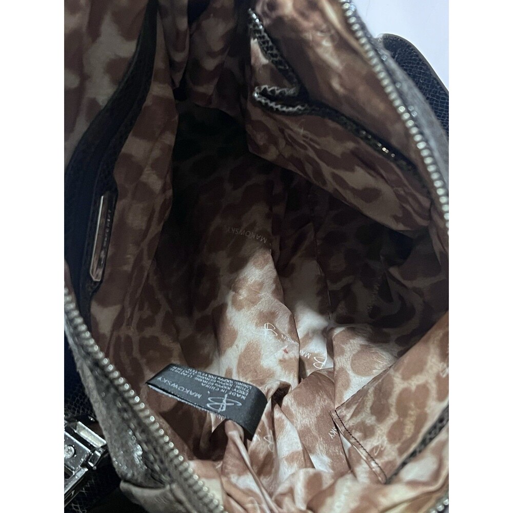 B. Makowsky Brown Animal Print Satchel with Silver Zipper Accents for Women - Picture 8 of 12